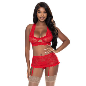 MS OohLaLace Bralette Skirt&G-Set Red SM